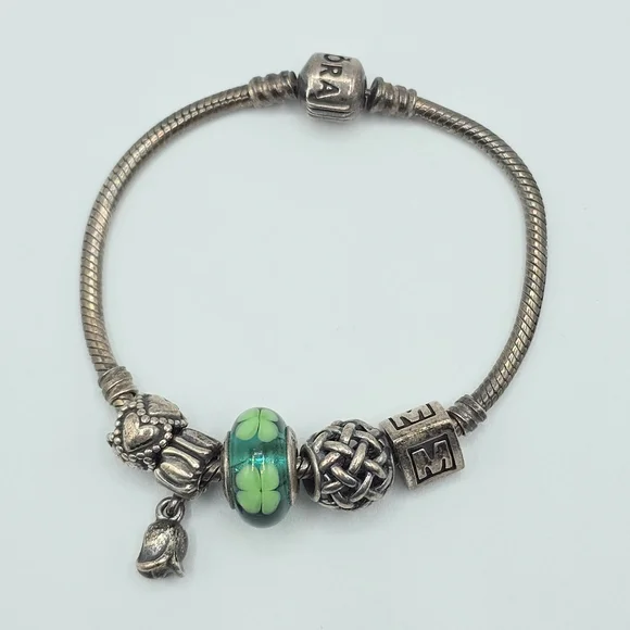 Pandora Silver Bracelet with Green Charm - Picture 1 of 10